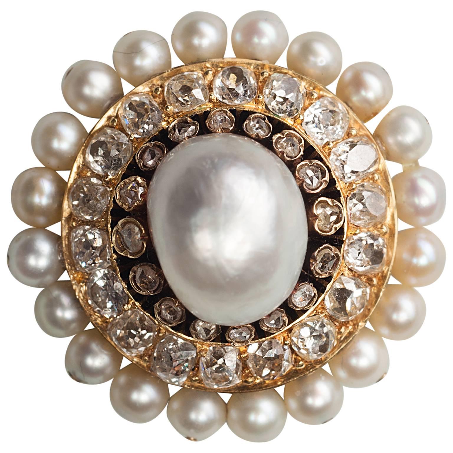 Victorian Natural Pearl Diamond Gold Round Brooch