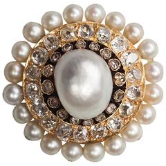 Victorian Natural Pearl Diamond Gold Round Brooch