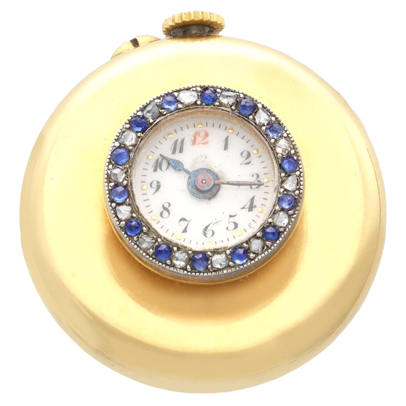 Antique Swiss Sapphire and Diamond 18K Yellow Gold Lapel Watch For Sale