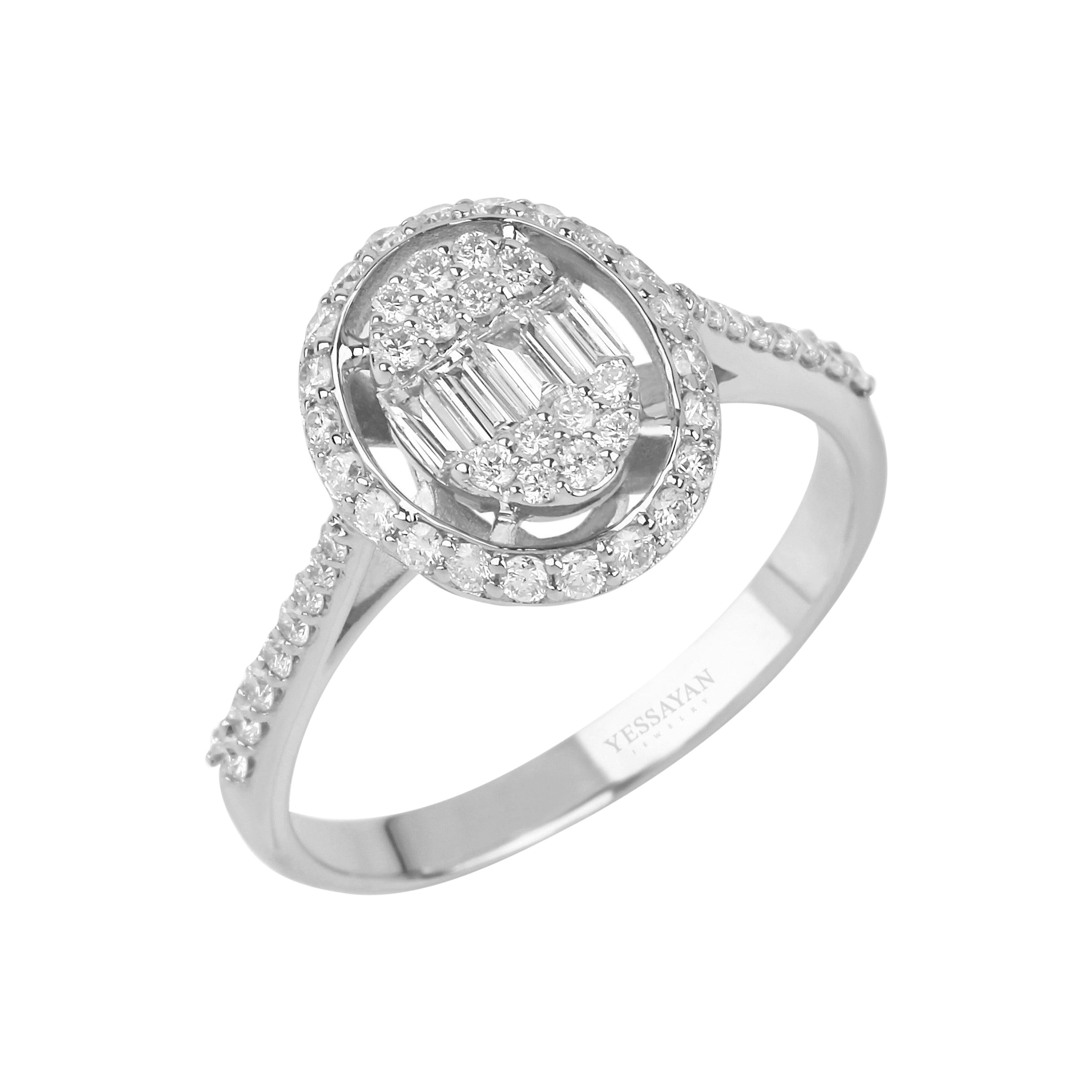 For Sale:  Illusion Baguette Diamond Ring in 18K White Gold