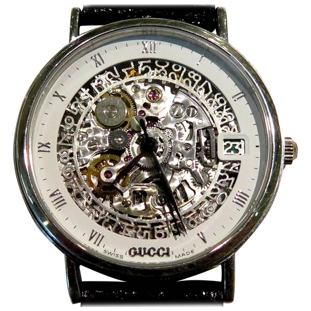 Gucci Platinum White Enamel Border Skeleton Wristwatch