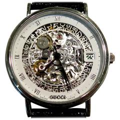 Gucci Platinum White Enamel Border Skeleton Wristwatch