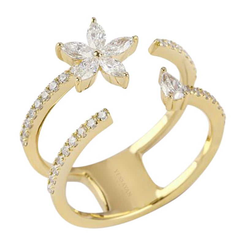 For Sale:  Floral Double Band Diamond Ring in 18K Yellow Gold