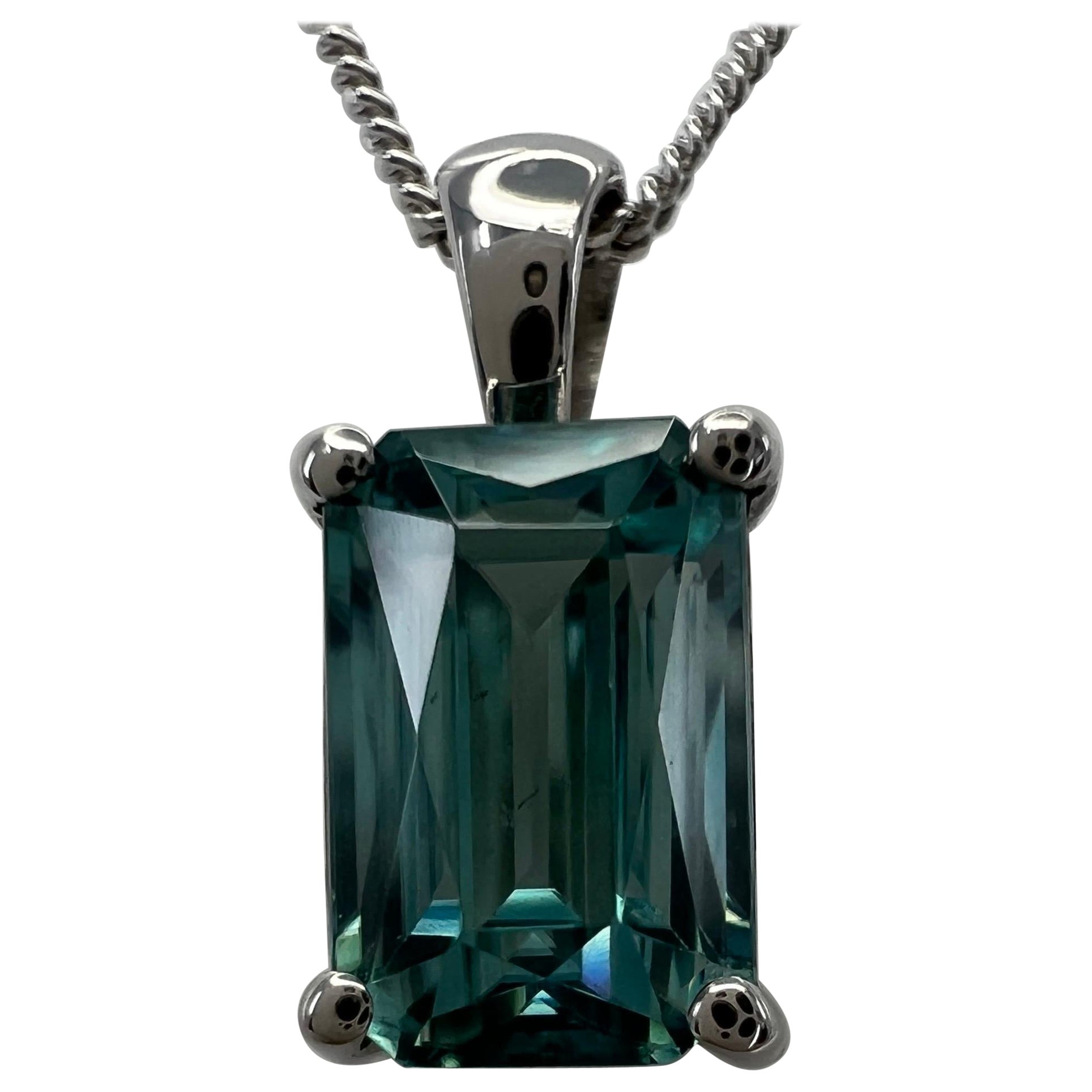 Vivid Neon Blue Zircon 2.41ct Fancy Emerald Cut 18k White Gold Pendant Necklace
