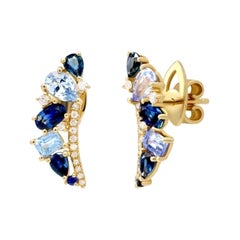 Boucles d'oreilles de tous les jours en or jaune 18 carats avec saphir bleu et diamants colorés pour elle
