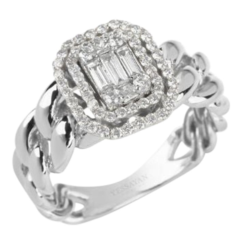 For Sale:  Double Frame Cuban Chain Diamond Ring in 18K White Gold