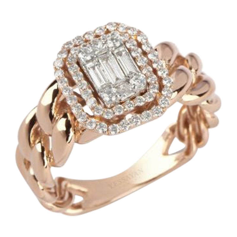 For Sale:  Double Frame Cuban Chain Diamond Ring in 18K Rose Gold