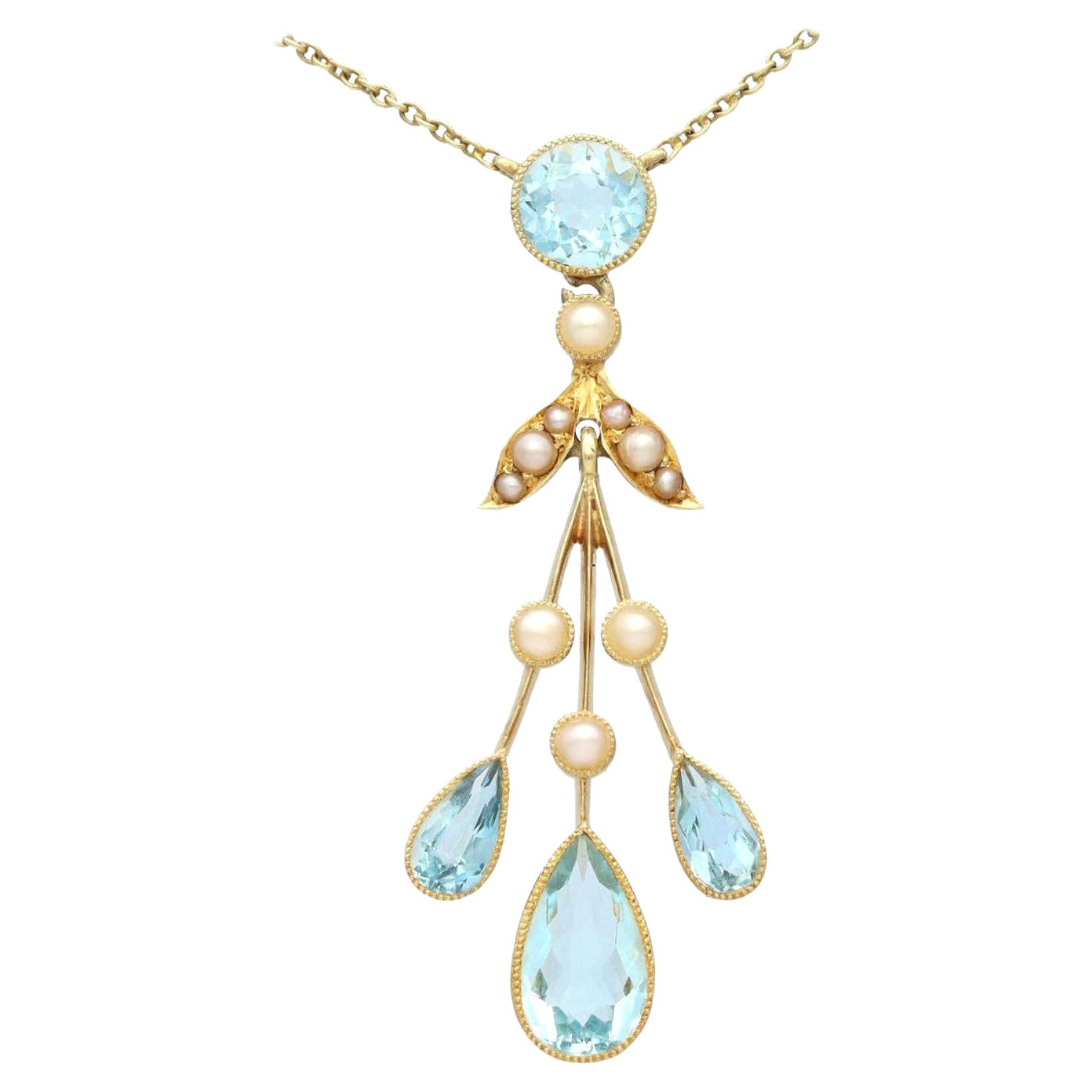 Antique 2.90 Carat Aquamarine and Seed Pearl Yellow Gold Pendant For Sale