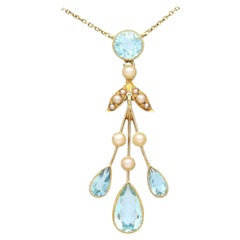 Antique 2.90 Ct Aquamarine and Seed Pearl Yellow Gold Pendant