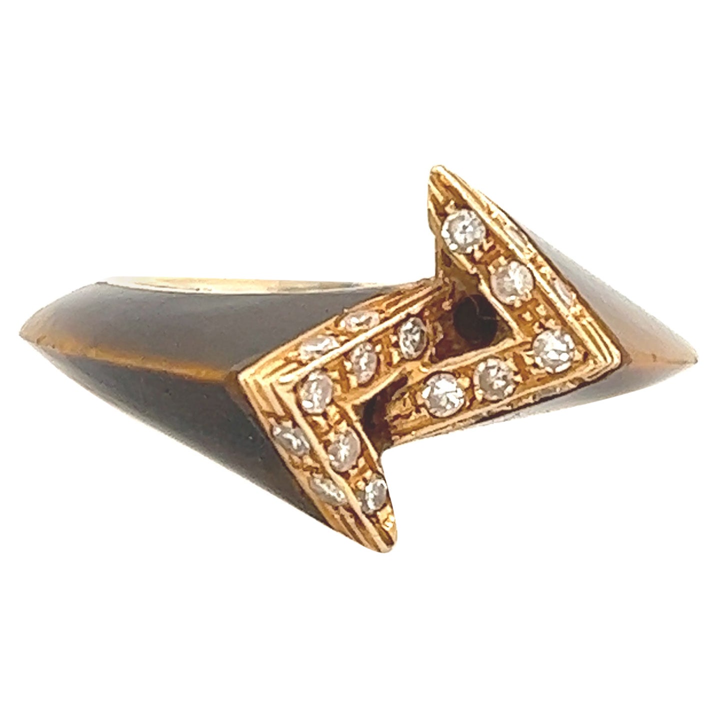 Bague rétro œil de tigre et diamant géométrique en or 18 carats en vente