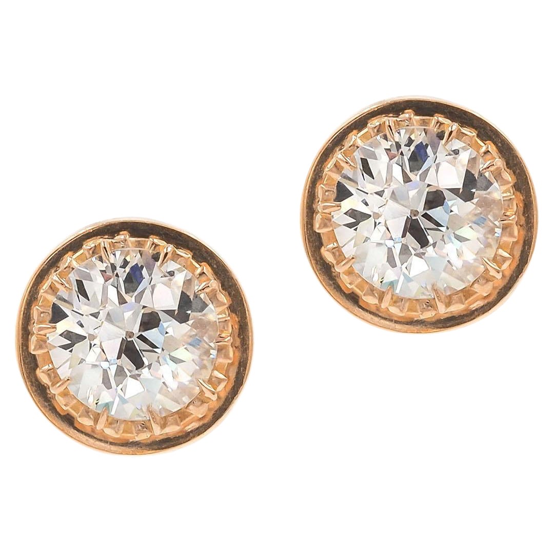 Edwardian GIA Certified 2.80 Carat Total Old European Cut Diamond Stud Earrings