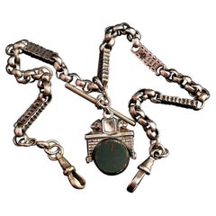 Antique Silver Albert Chain, Fancy Link, Lion Swivel Fob, Watch Chain Necklace