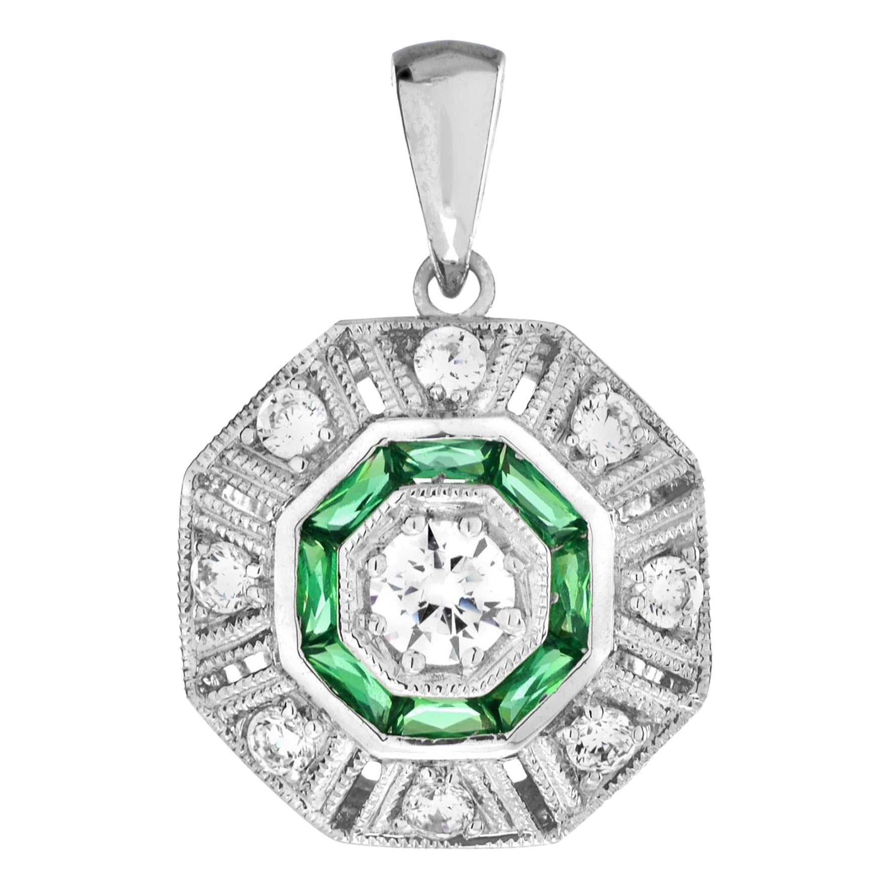 Diamond and Emerald Art Deco Style Octagon Target Pendant in 14K White Gold