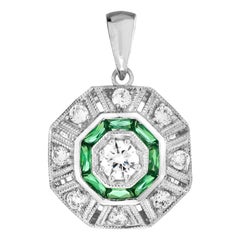 Diamond and Emerald Art Deco Style Octagon Target Pendant in 14K White Gold