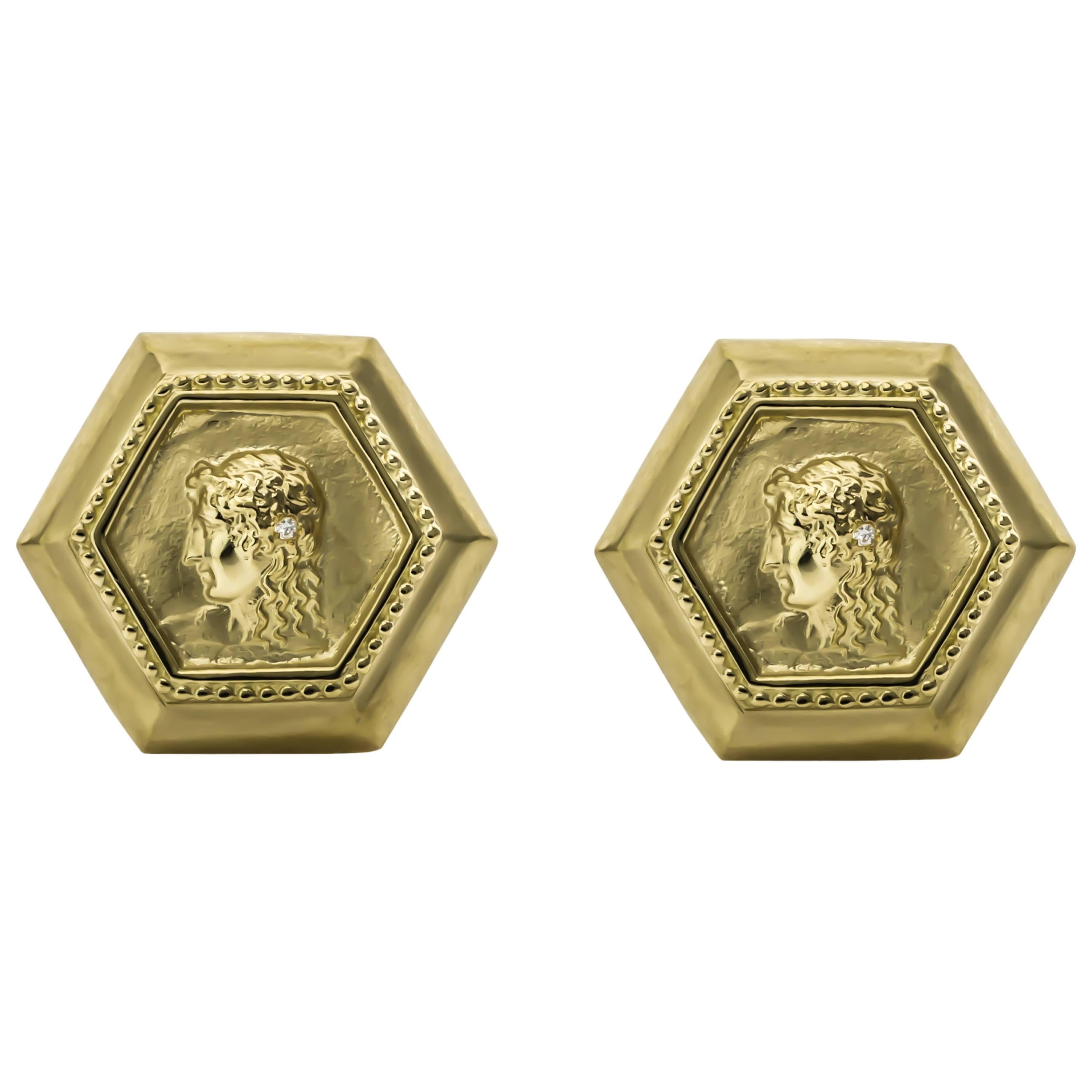 SeidenGang Diamond Gold Athena Hexagon Earrings For Sale