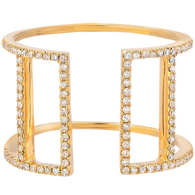 Diamond Yellow Gold Double Bar Ring For Sale at 1stdibs