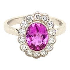 Pink Sapphire and Diamond Platinum Cluster Engagement Ring