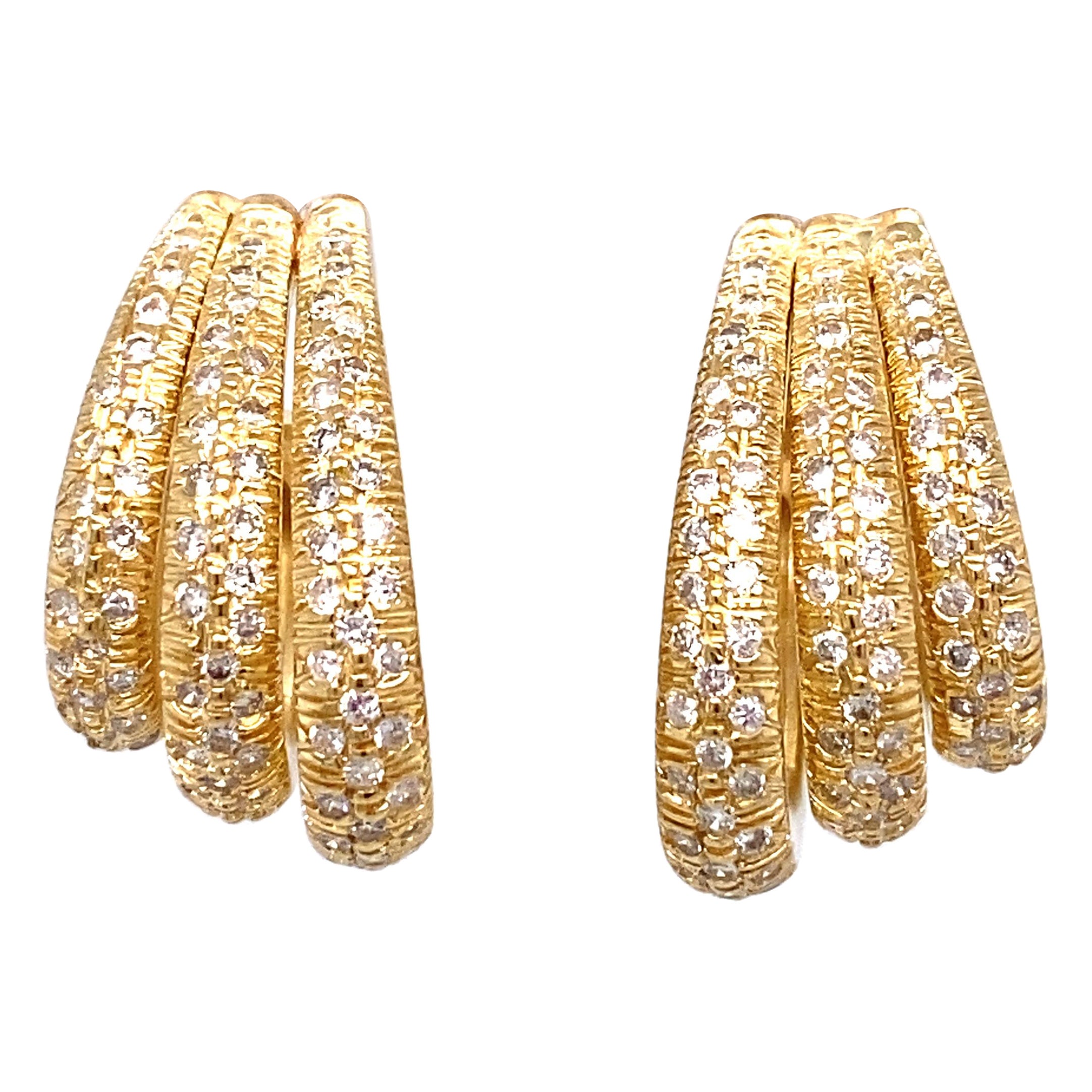 1 Carat Pavé Diamond Three Row Graduated Hoop Earrings in 18 Karat Gold