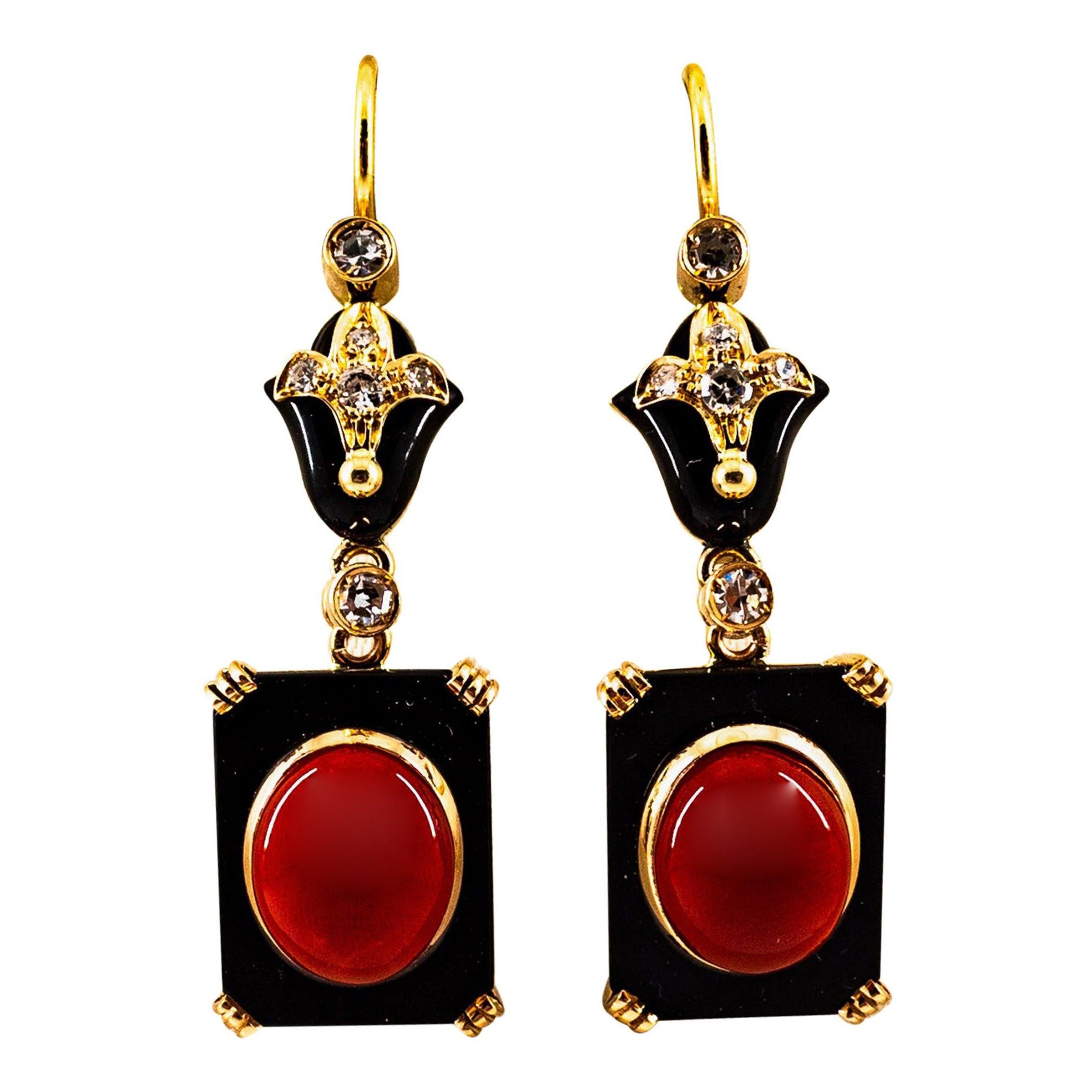 Art Deco White Diamond Mediterranean Red Coral Onyx Yellow Gold Drop Earrings For Sale