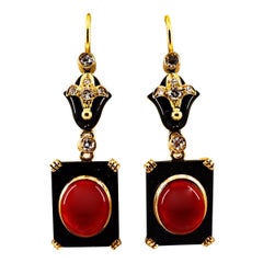 Art Deco White Diamond Mediterranean Red Coral Onyx Yellow Gold Drop Earrings