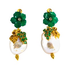 Art Nouveau Style White Diamond Emerald Green Agate Yellow Gold Flowers Earrings
