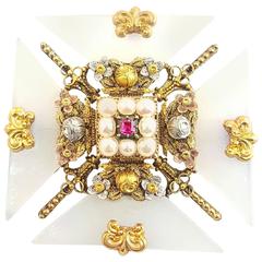 Antique Georgian Four Piece Pearl Ruby Three Color Gold Brooch