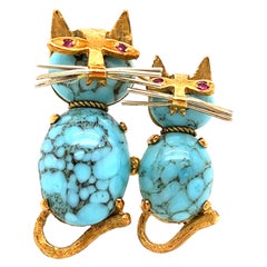 Estate French Made 18k Yellow Gold Turquoise Gemstone Cat & Kitten Brooch