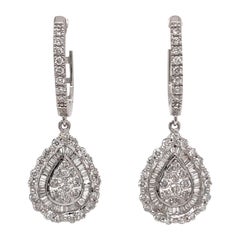 Round & Baguette Diamond Cluster Drop Earrings 1 Carat 14 Karat White Gold