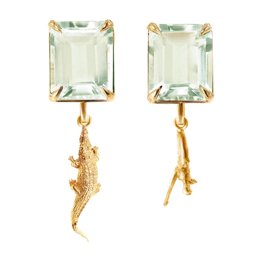 Eighteen Karat Yellow Gold Earrings by Artist with Minty Green Quartzes For Sale