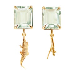 Eighteen Karat Yellow Gold Earrings by Artist with Minty Green Quartzes