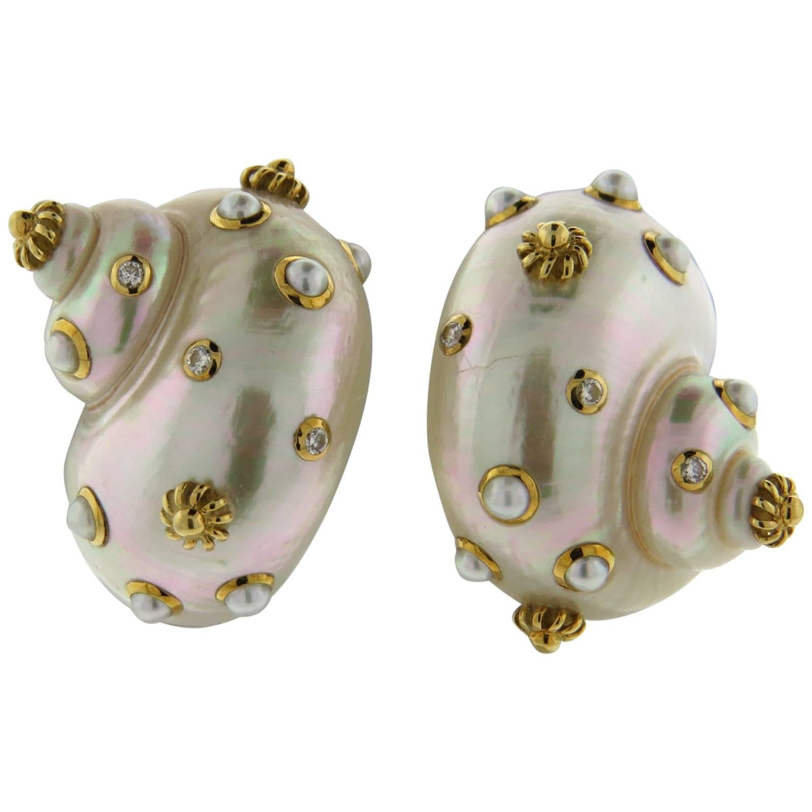 Trianon Pearl Diamond Gold Shell Earrings