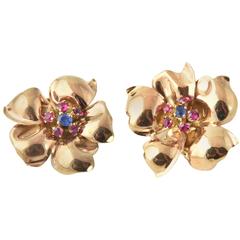 1940s Retro Sapphire Rose Gold Synthetic Ruby Flower Earrings Clips 1