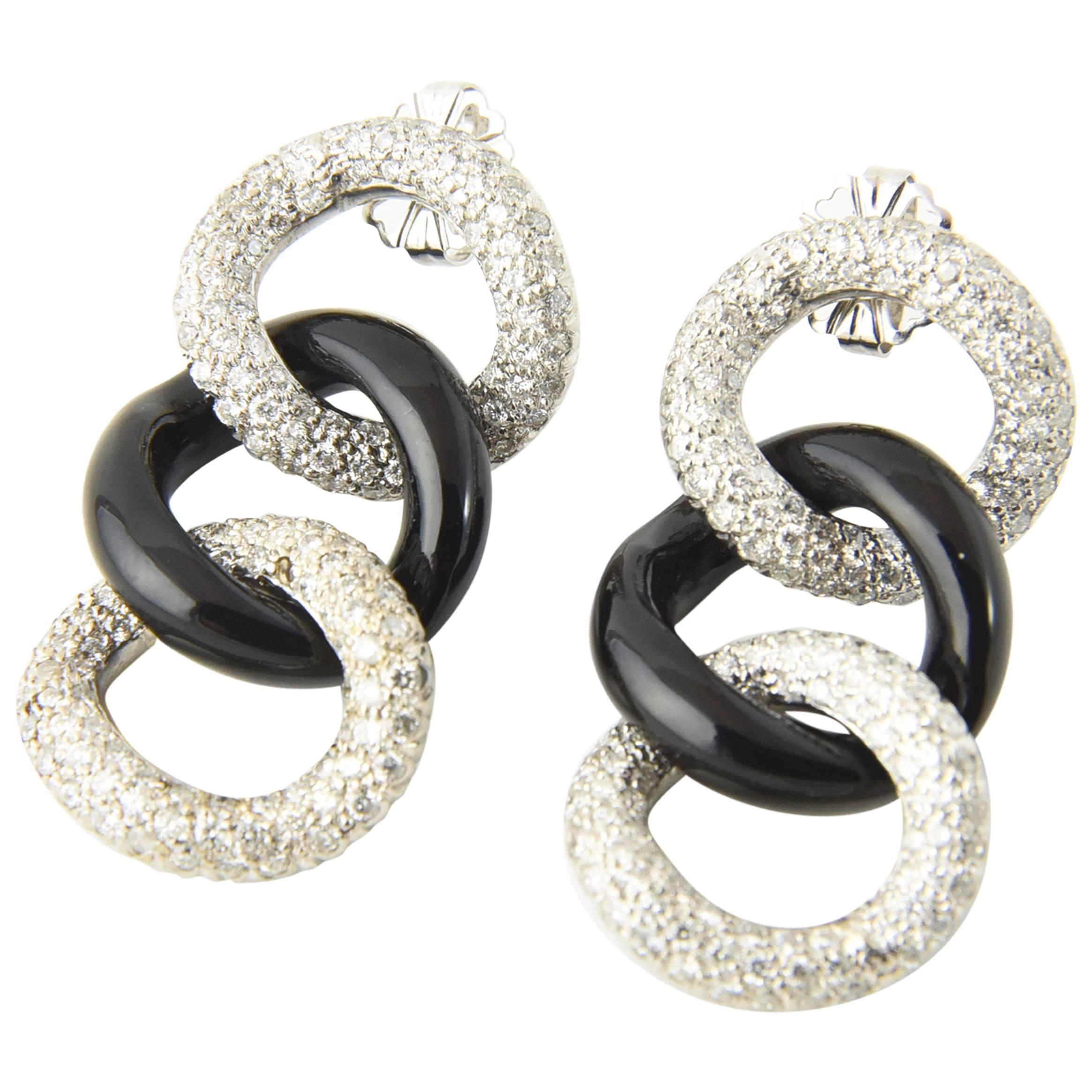 Pave Diamond and Onyx Link Dangling Earrings