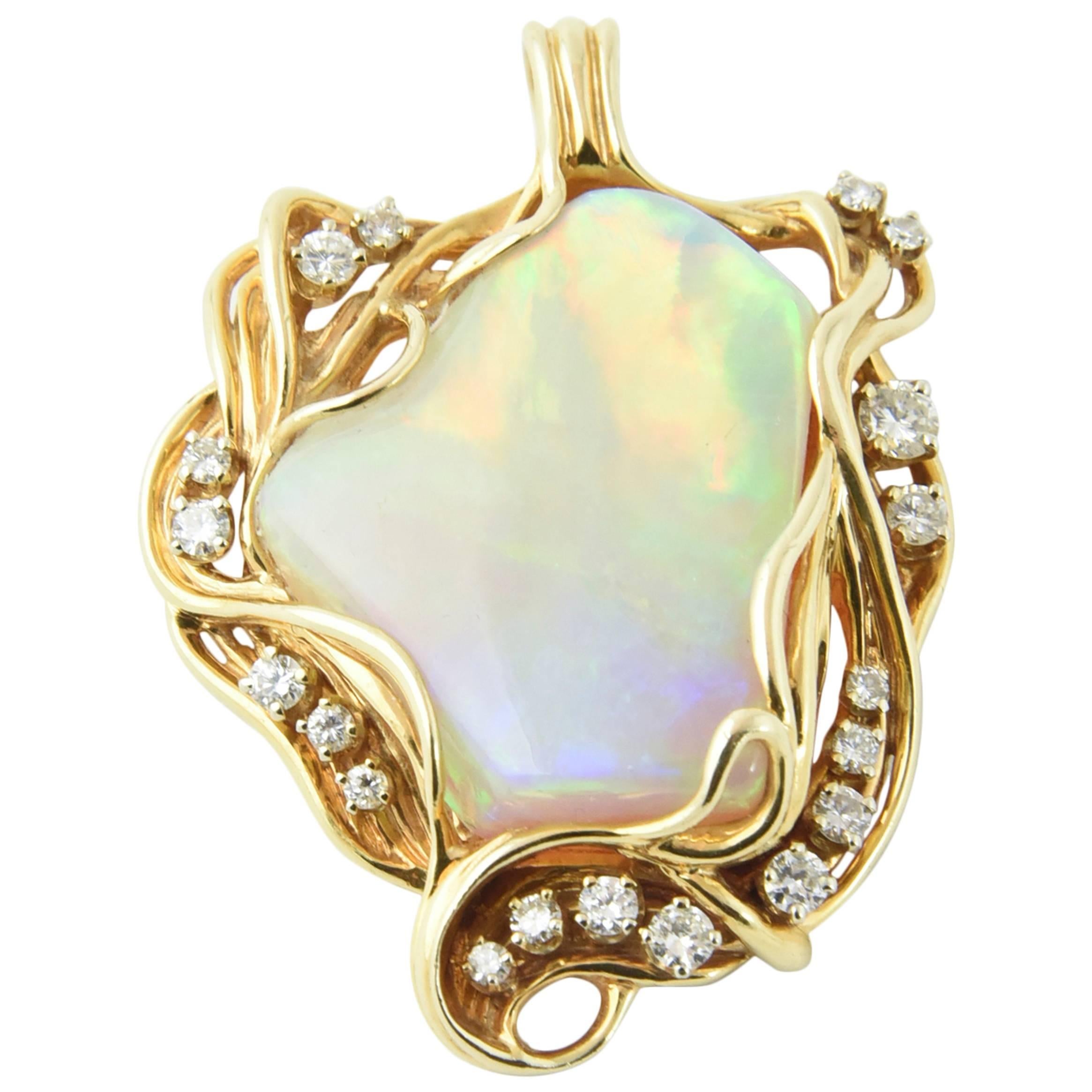 1960s Freeform Australian Gray Broad Flash Opal Diamond Gold Pendant Necklace