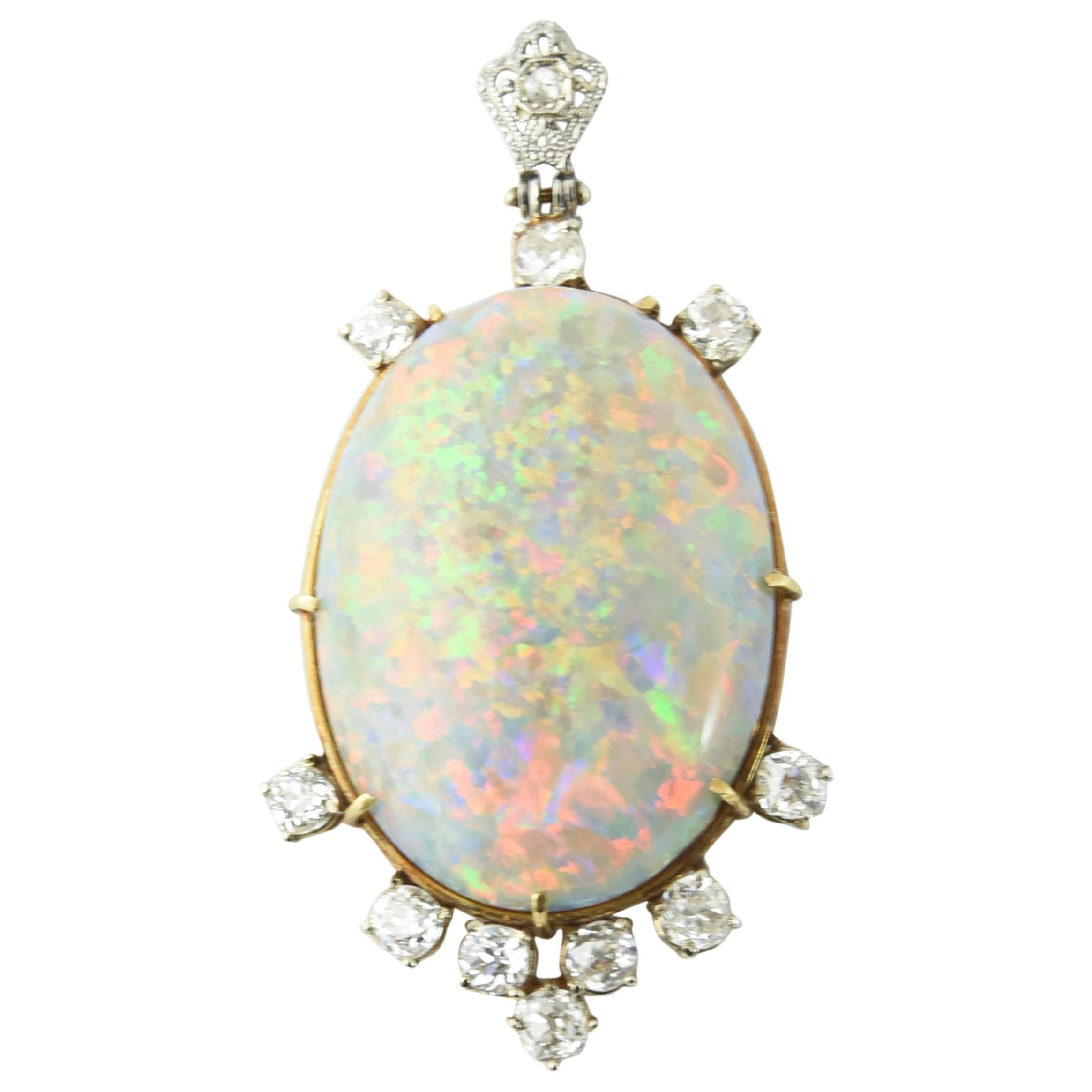 Large Gray Australian Opal Diamond Gold Pendant