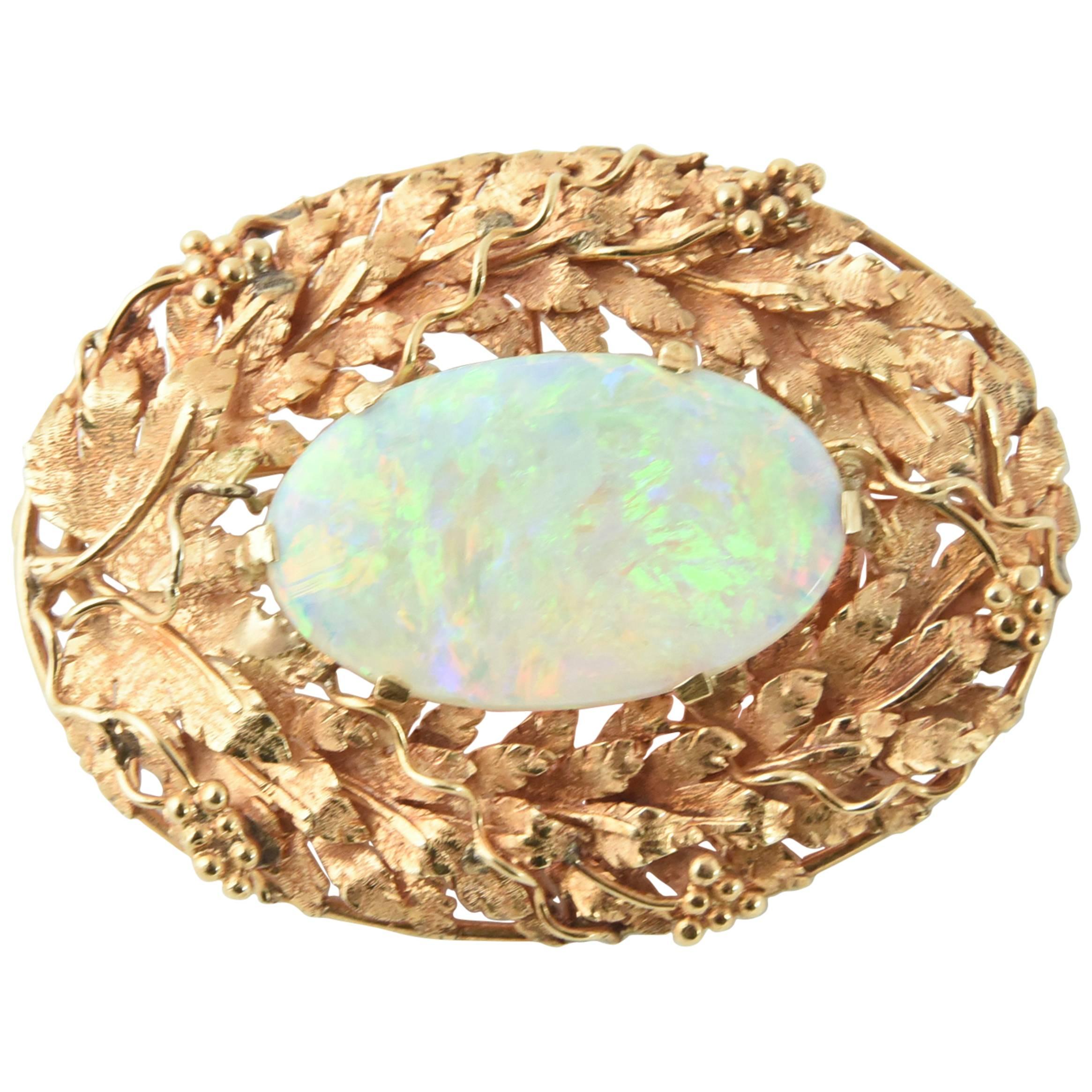 1960s Crystal Opal Gold Grape Vine Design Center Brooch Pendant