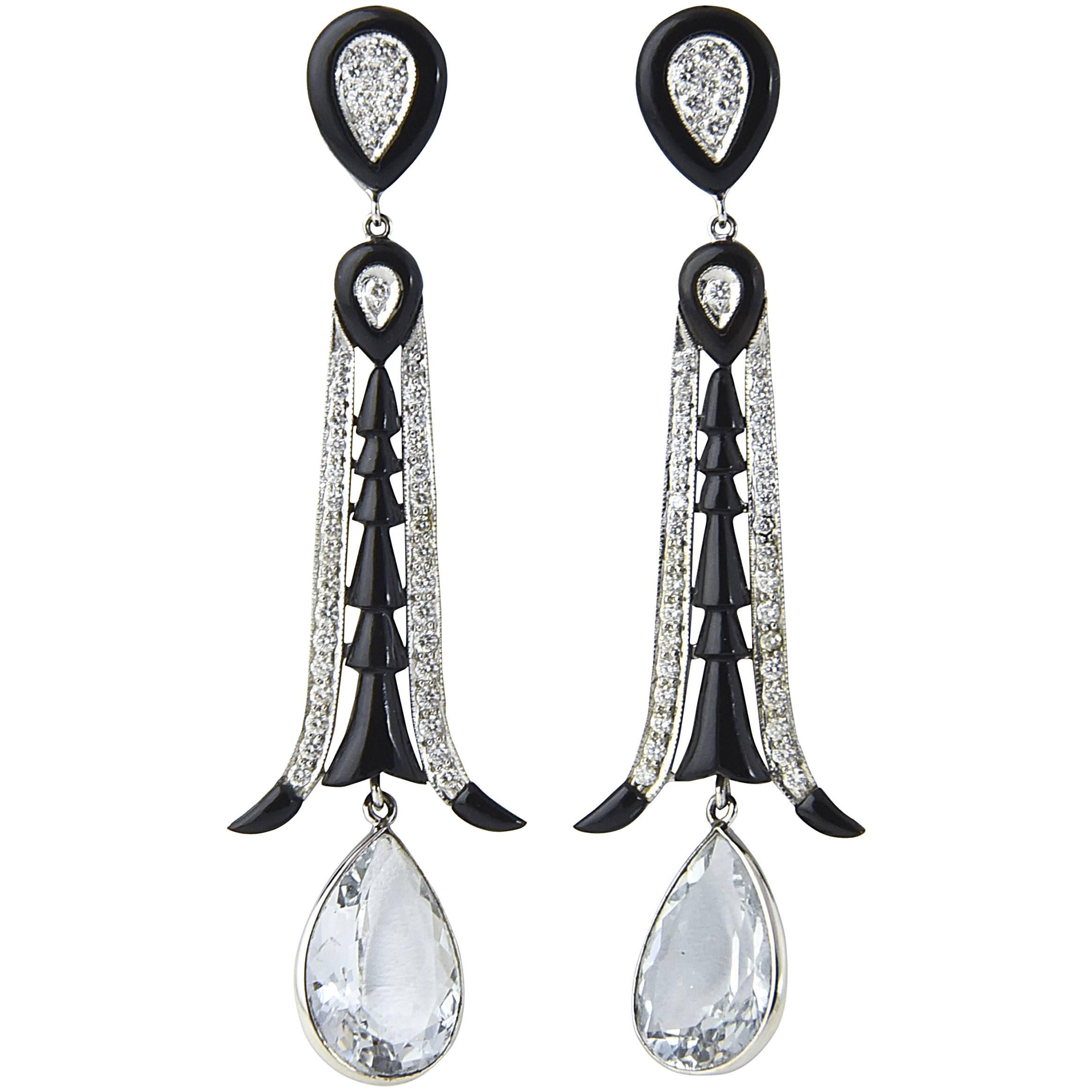 Aquamarine Onyx Diamond Gold Dangle Earrings