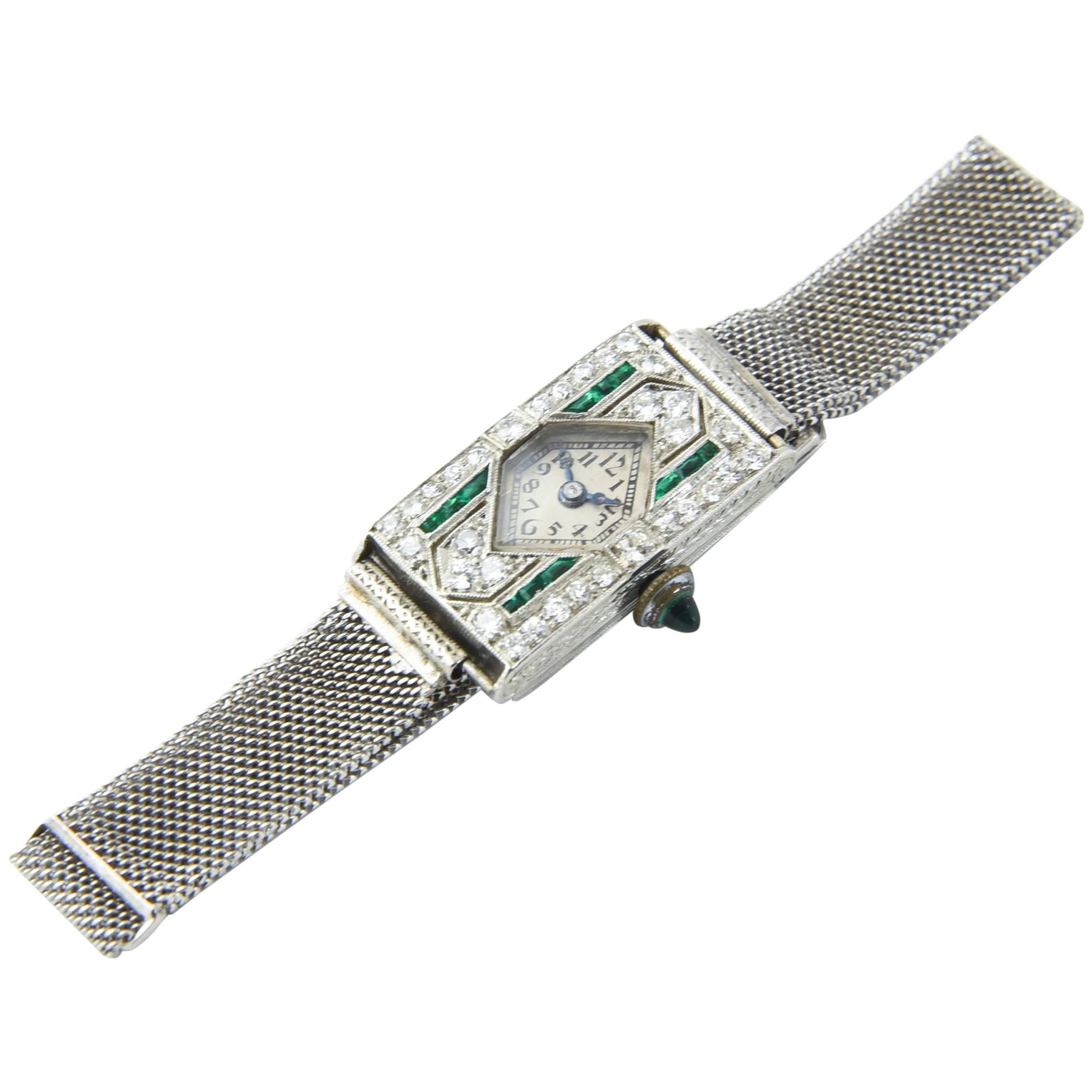 Glycine Platinum Diamond Emerald Art Deco Wristwatch For Sale