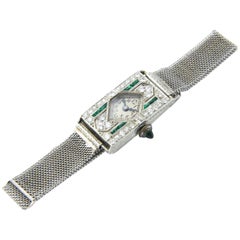 Antique Glycine Platinum Diamond Emerald Art Deco Wristwatch