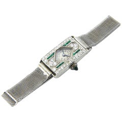 Glycine Platinum Diamond Emerald Art Deco Wristwatch