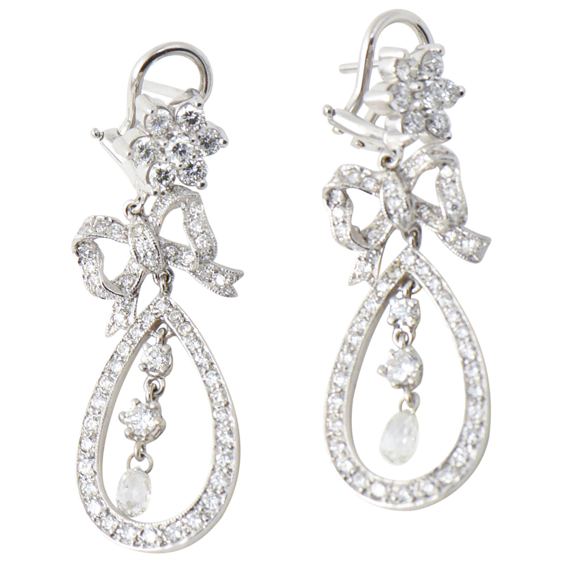 Belle Époque Style Diamond Bow and Flower Dangling White Gold Earrings For Sale