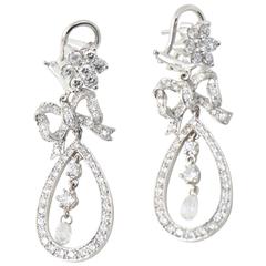 Belle Époque Style Diamond Bow and Flower Drop Gold Earrings 6