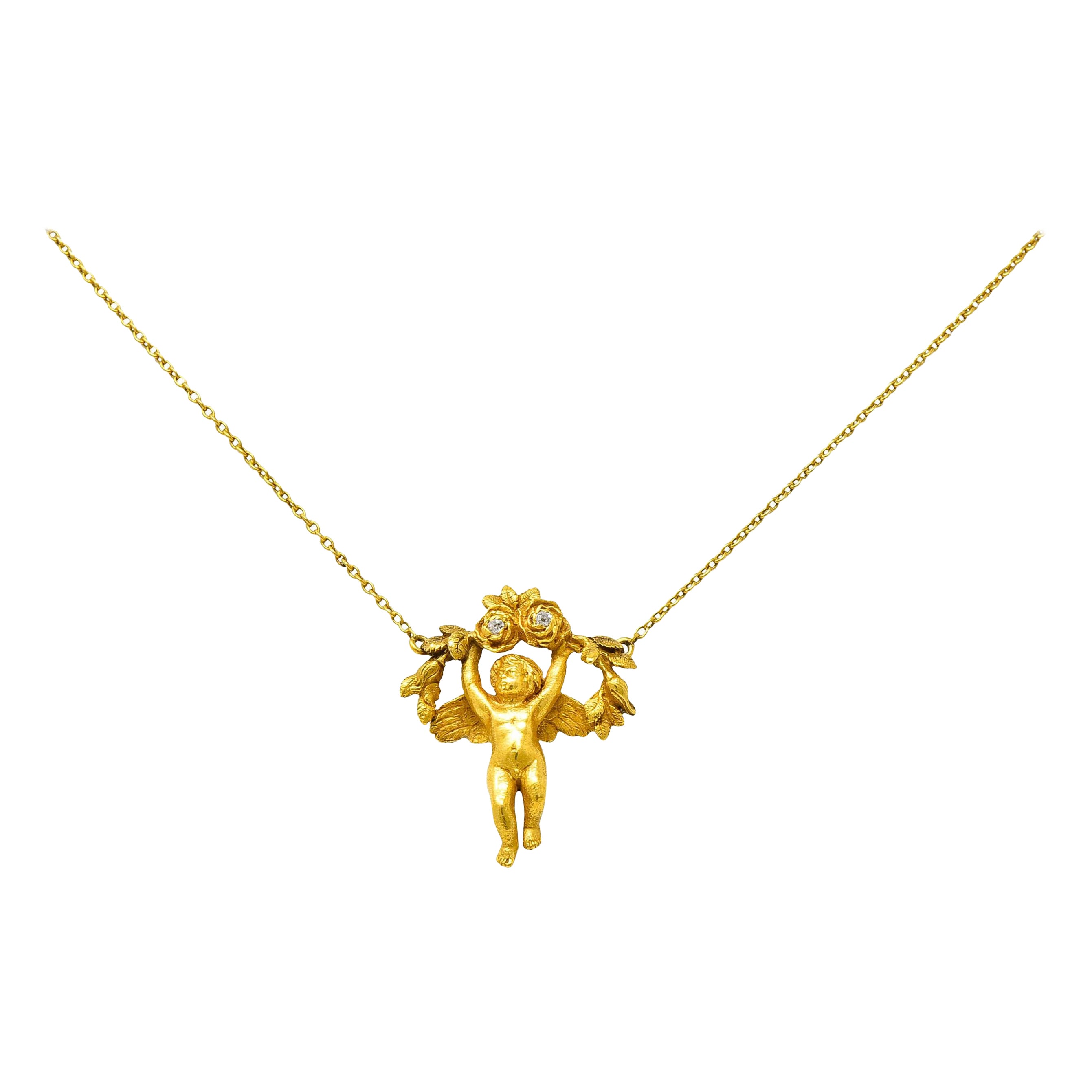 Art Nouveau Diamond 18 Karat Yellow Gold Cherub Station Necklace