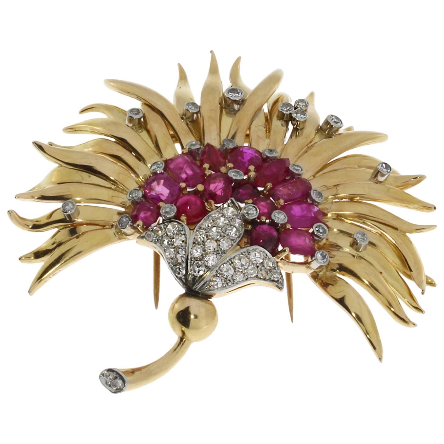 Ruby Diamond Gold Floral Brooch For Sale
