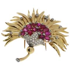 Ruby Diamond Gold Floral Brooch 11
