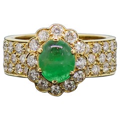 18 Karat Oval Cabochon Emerald & Diamond Cluster Ring Yellow Gold
