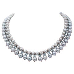 Diamonds, Aquamarine, Grey Pearls, 9 Karat Gold and Silver Retrò Necklace