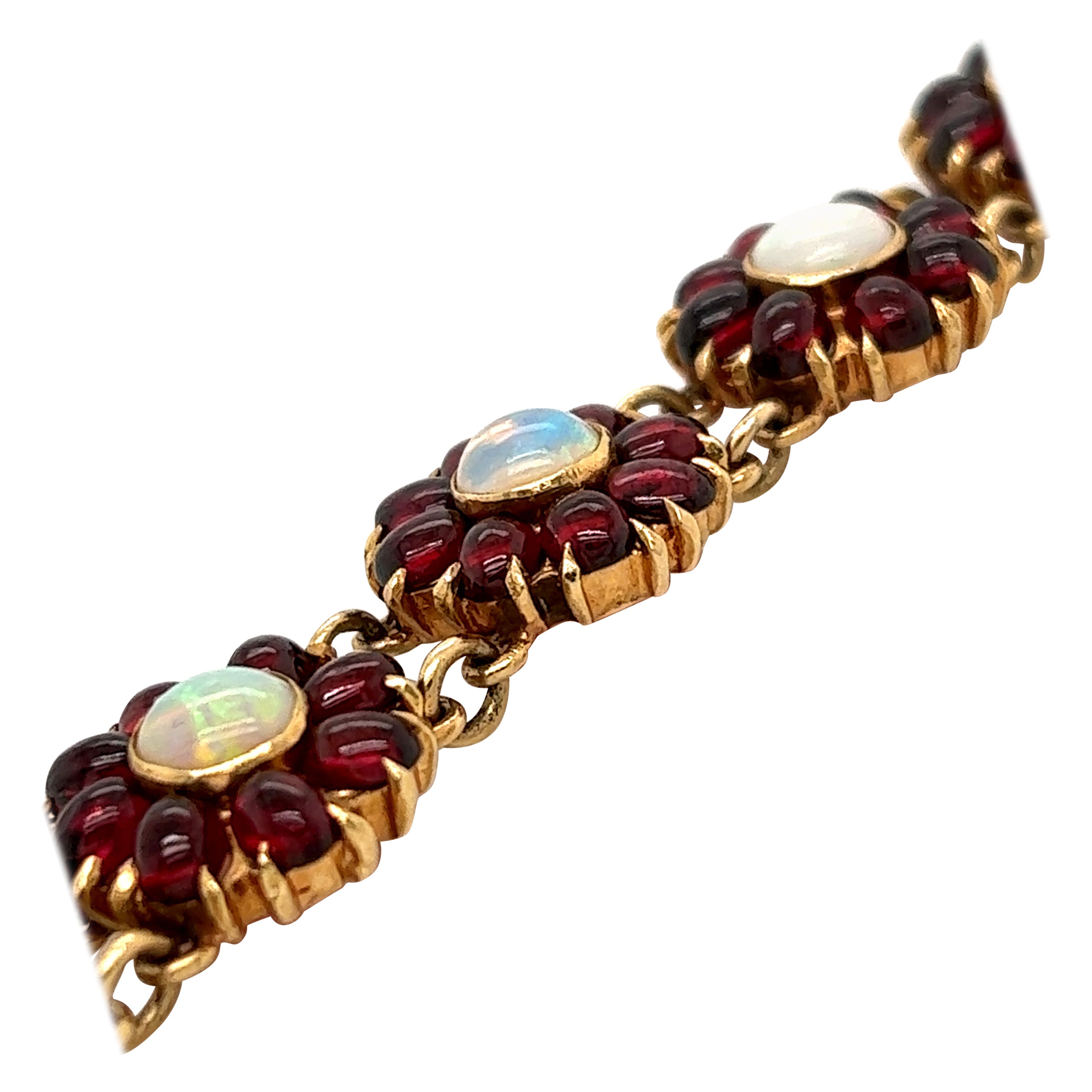 Vintage Floral Garnet & Opal 14k Yellow Gold Bracelet
