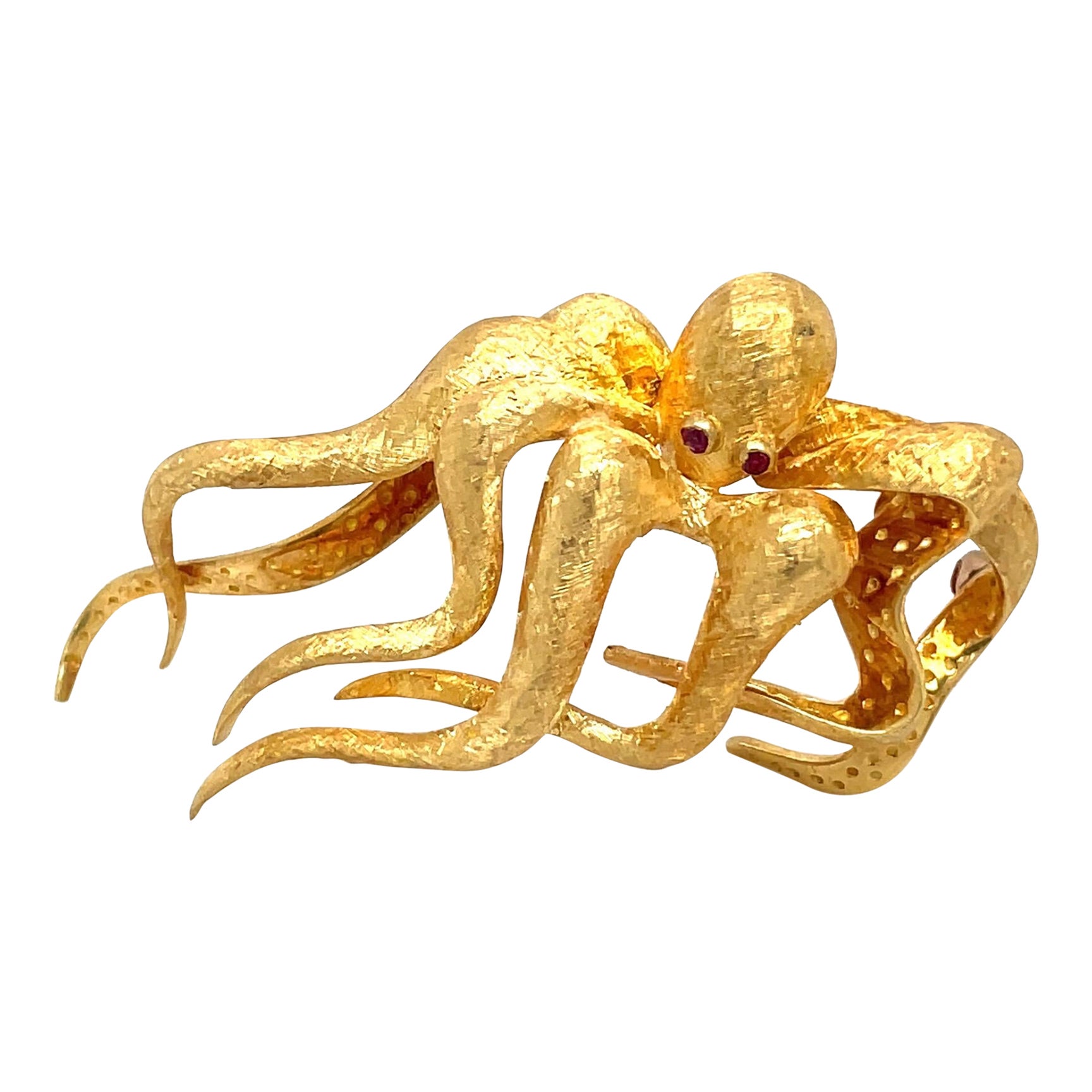 18KT Yellow Gold Octopus Brooch with Ruby Eyes