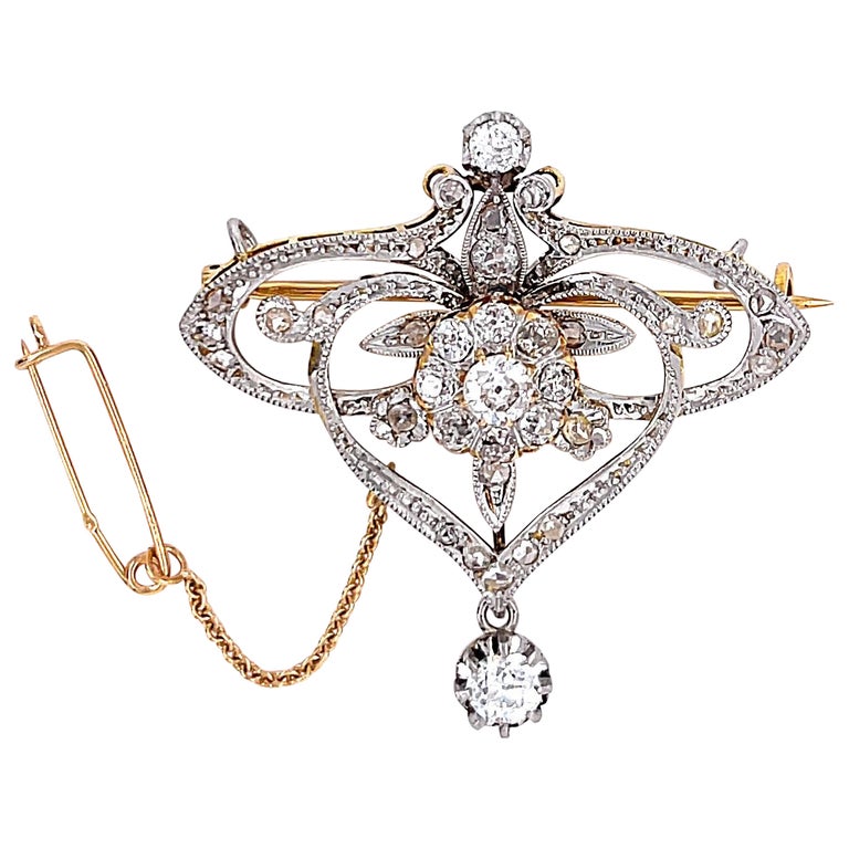 Antique French Art Nouveau Diamond 18 Karat Gold Brooch For Sale at 1stDibs